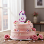 Pink glitter number 6 candle on decorated birthday cake with natural window light and pink floral props