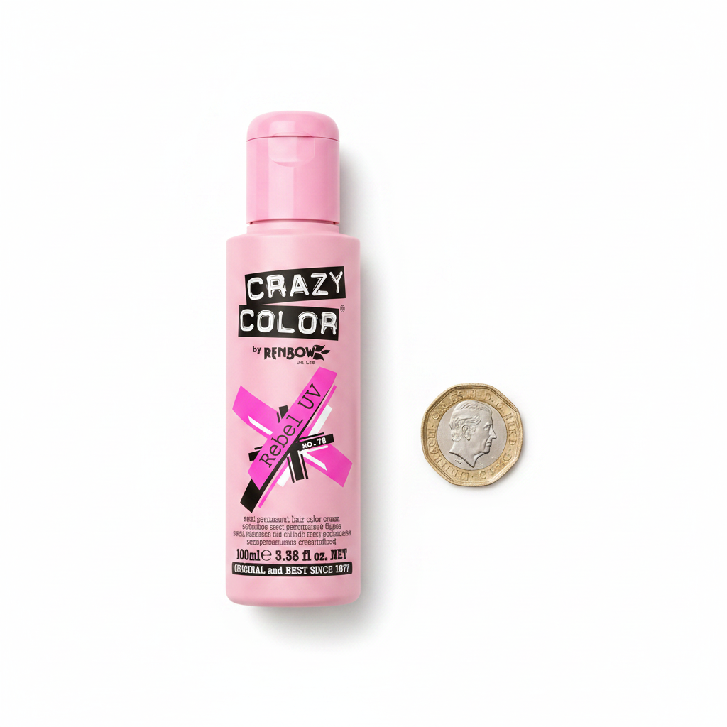 Crazy Color Rebel UV Neon Pink Hair Dye 100ml beside a £1 coin showing product size