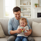 Parent and child on sofa sharing a fun sensory squishy toy moment at home