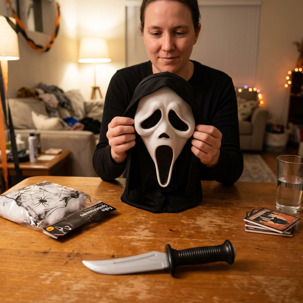 Adult holding a Ghost Face mask at a table with the costume knife in the foreground