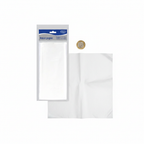 White tissue paper pack flat lay beside a £1 coin to show scale, 50cm x 75cm sheet size, white background