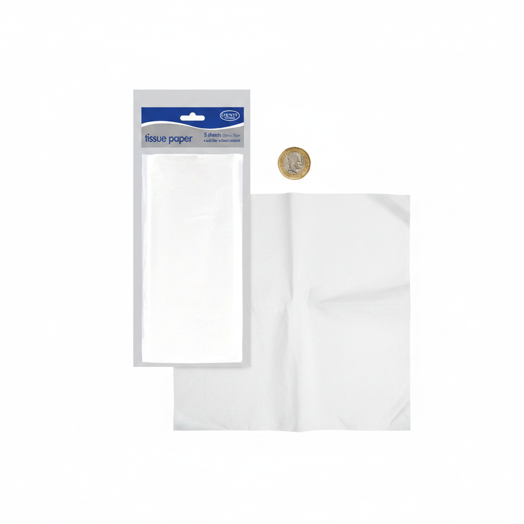 White tissue paper pack flat lay beside a £1 coin to show scale, 50cm x 75cm sheet size, white background