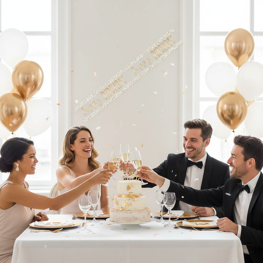 Elegant birthday celebration with white and gold foil banner displayed on wall