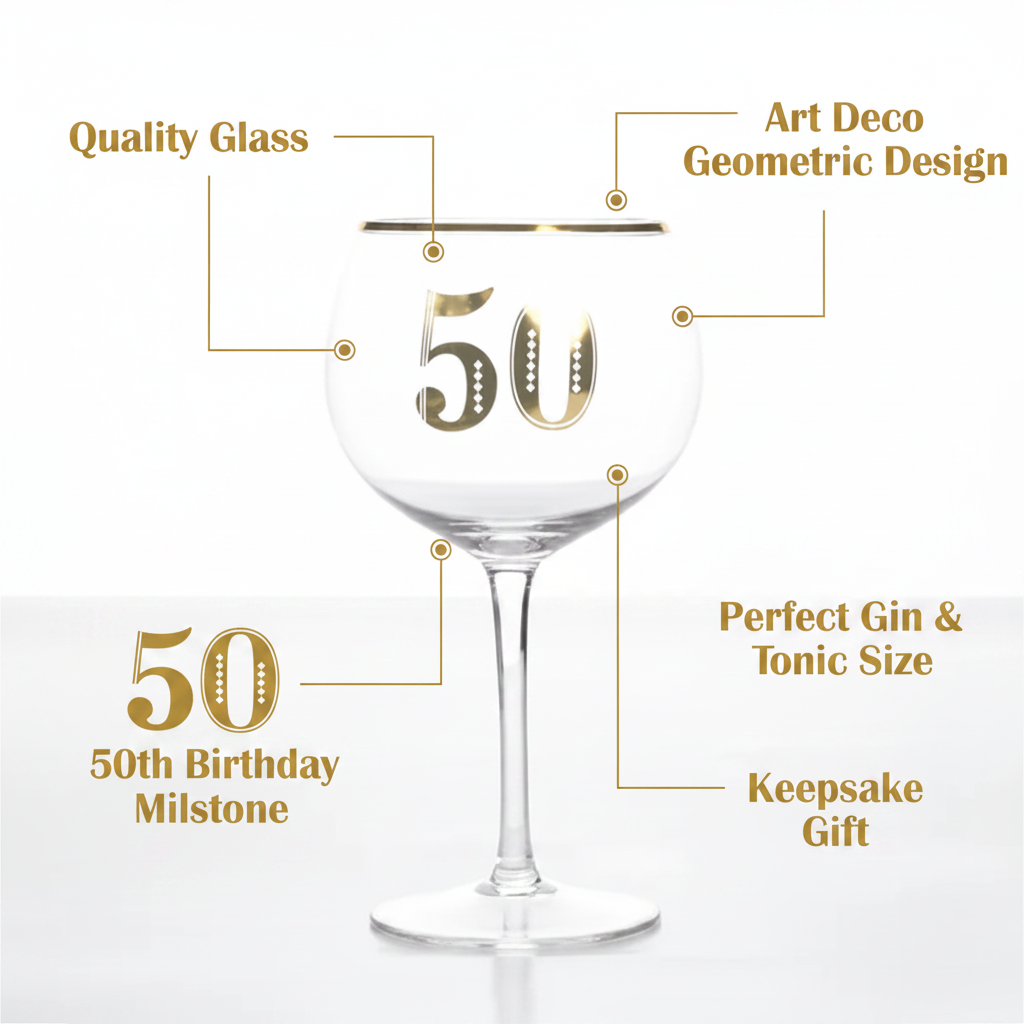Art Deco 50th Birthday Gin Glass feature infographic showing key product highlights and specifications