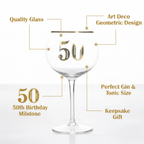 Art Deco 50th Birthday Gin Glass feature infographic showing key product highlights and specifications