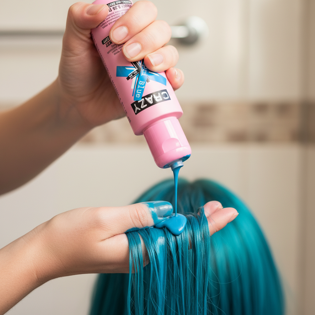 Hands applying Crazy Color Capri Blue semi-permanent hair dye from the pink bottle to vivid teal-blue hair, candid close-up shot