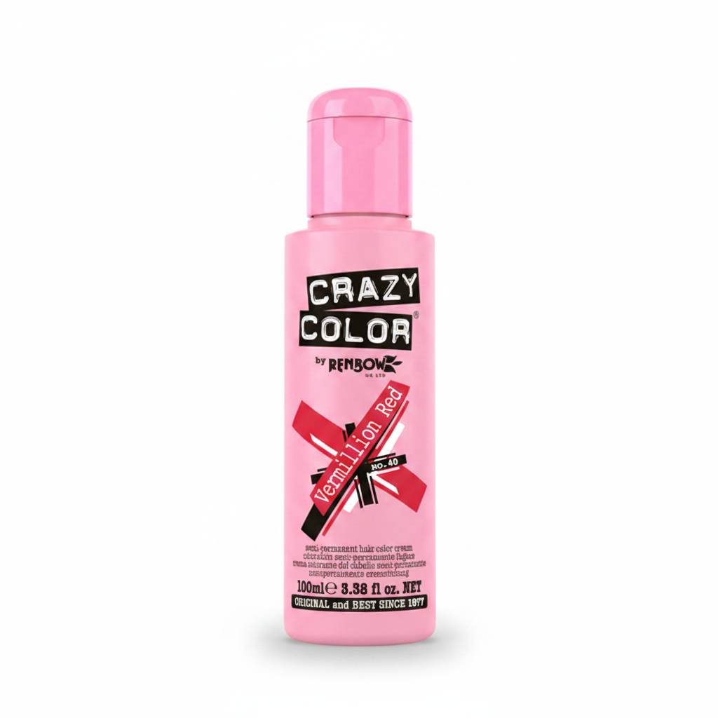 Crazy Color Vermillion Red No.40 100ml semi-permanent hair dye bottle on white studio background