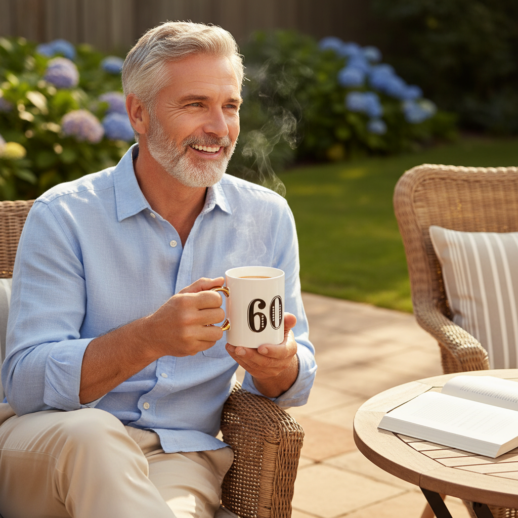 Cheerful man celebrating 60th birthday with Art Deco white blue gold gift mug during coffee break