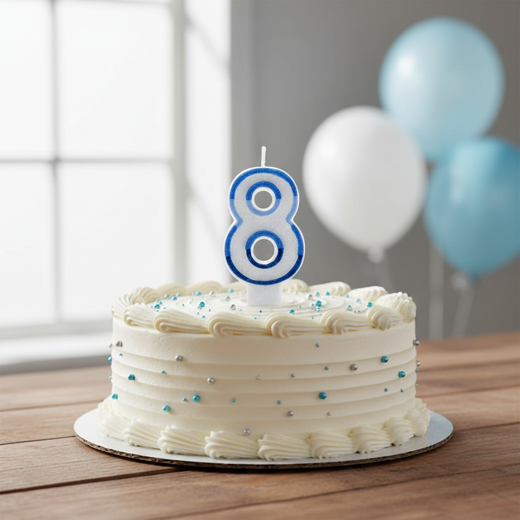 Blue glitter number 8 birthday candle on decorated birthday cake, natural window light, editorial style