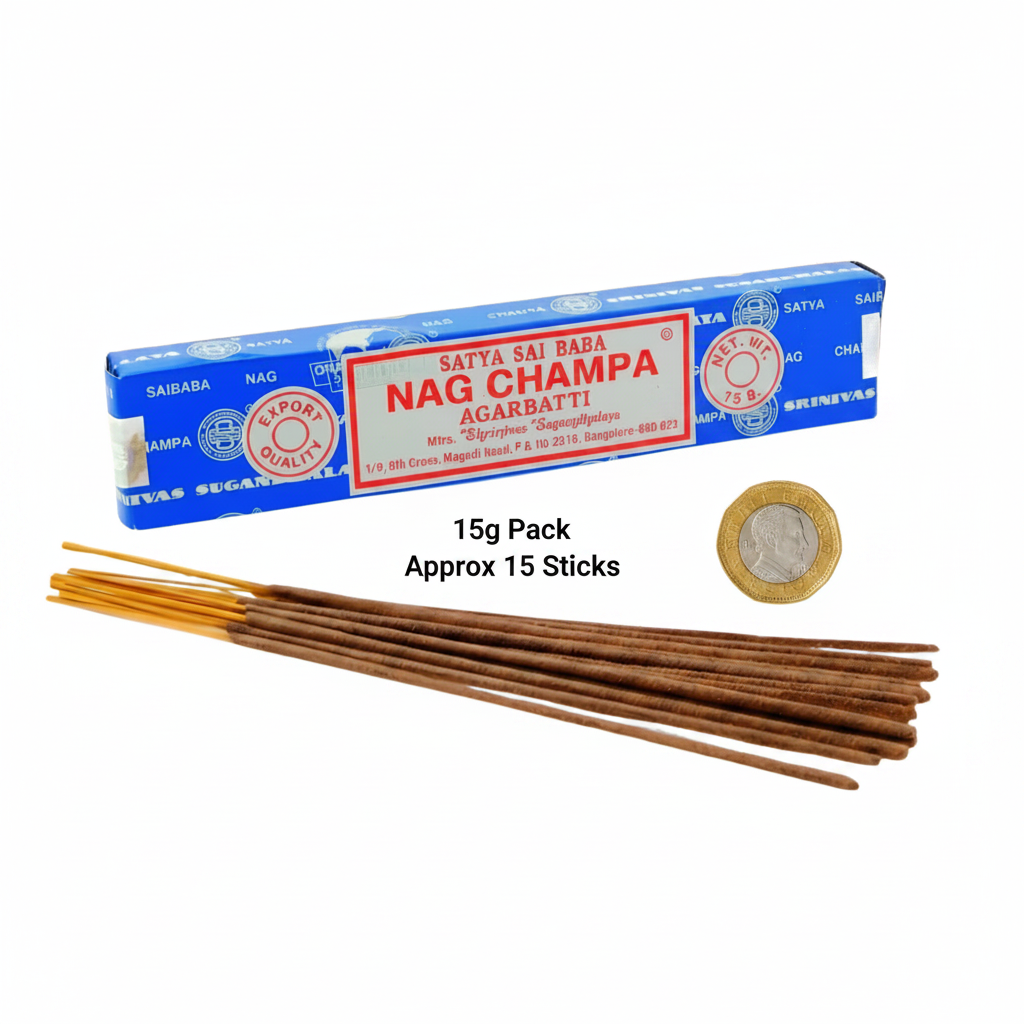 Satya Sai Baba Nag Champa 15g incense sticks flat lay beside a UK £1 coin showing product size, cobalt blue box and incense sticks on white background