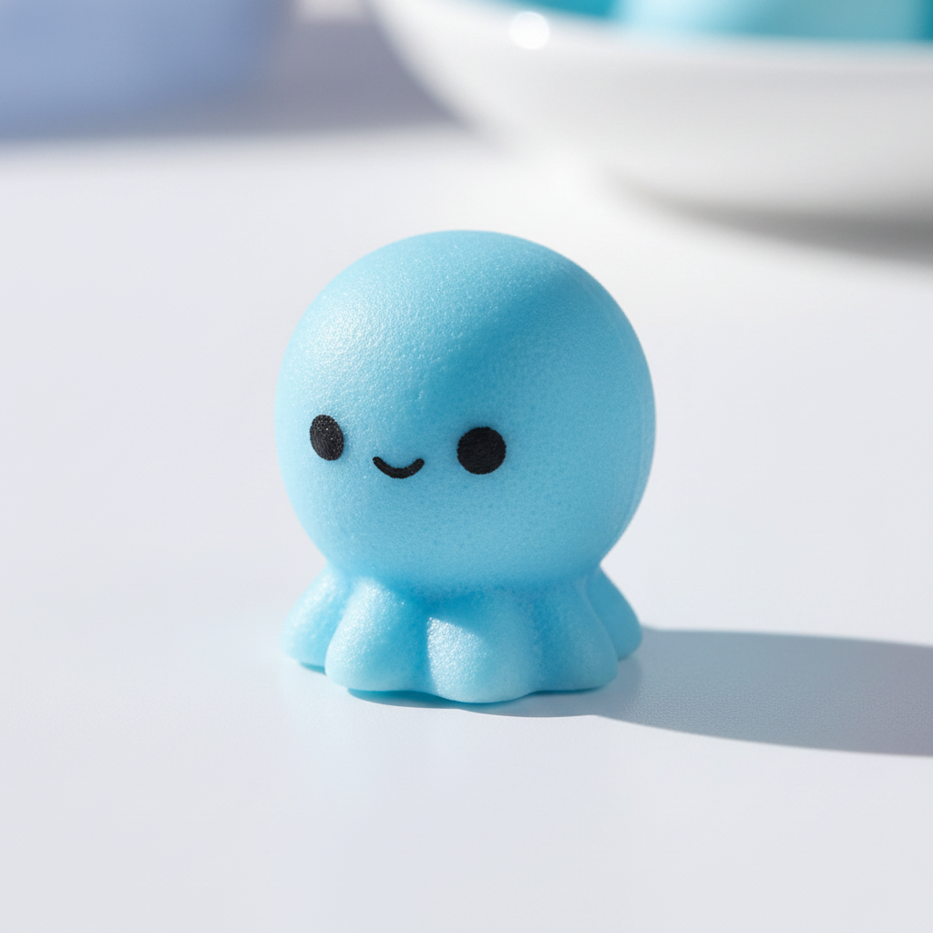 Extreme macro close-up of light blue squishy octopus toy showing soft slow-rise foam texture