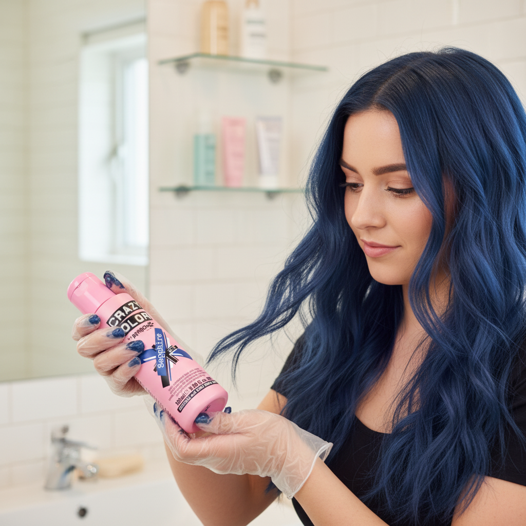 Woman with sapphire blue hair applying Crazy Color No.72 semi-permanent hair dye in a bright modern bathroom
