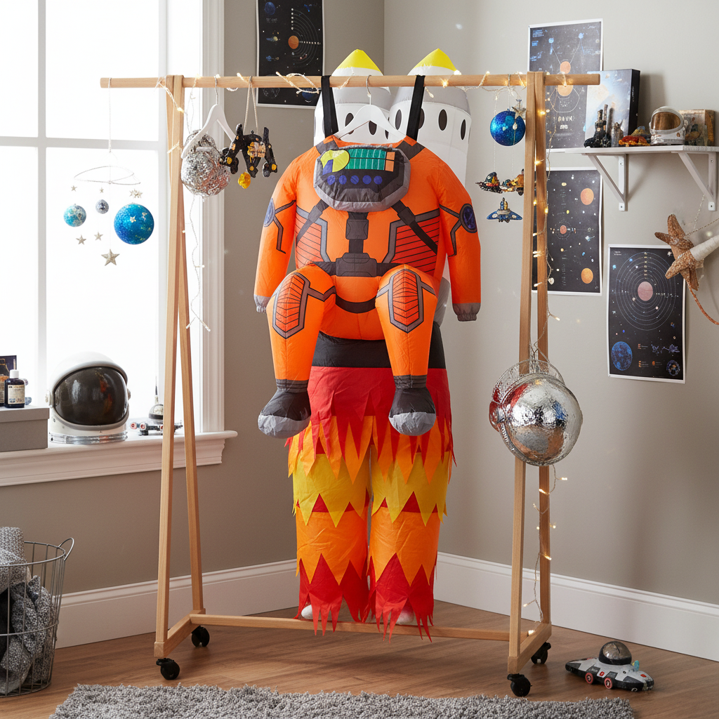 Inflatable Rocket Man costume on dressing room rail with space-themed props and fairy lights