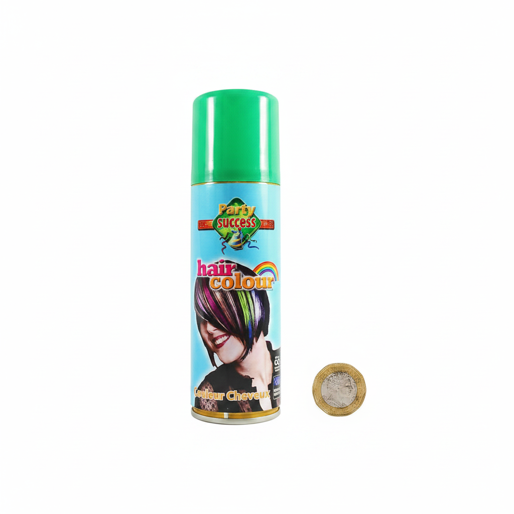 Party Success Green Hair Colour Spray 125ml flat lay beside a £1 coin showing product size