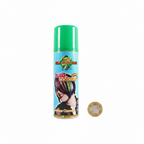 Party Success Green Hair Colour Spray 125ml flat lay beside a £1 coin showing product size