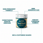 La Riche Directions Turquoise Hair Dye 88ml feature infographic with callout labels highlighting key product benefits