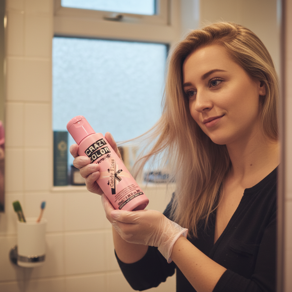 Woman applying Crazy Color Candy Floss hair dye from the pink bottle in a bathroom mirror candid beauty moment