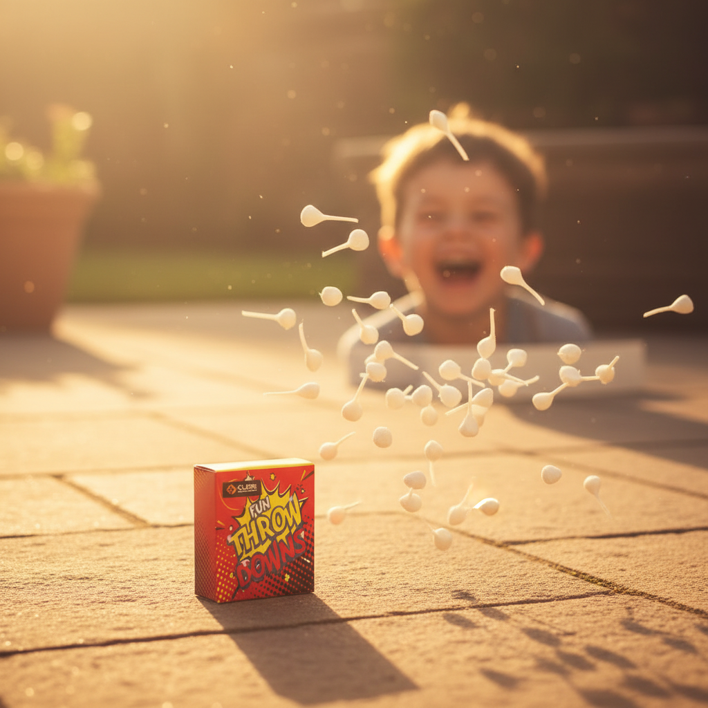 Child laughing as fun snaps crack in a sunny garden — golden hour lifestyle scene with Cube Fun Throw Downs box