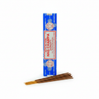 Satya Sai Baba Nag Champa Agarbatti incense sticks 15g pack on white studio background — cobalt blue box with cream label and red accents, tan and brown incense sticks fanned out in front