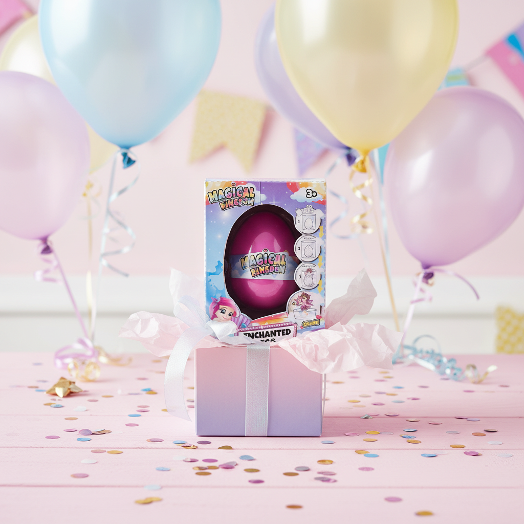 Magical Kingdom Enchanted Egg presented as a birthday gift in a box with balloons and confetti, perfect surprise toy for kids