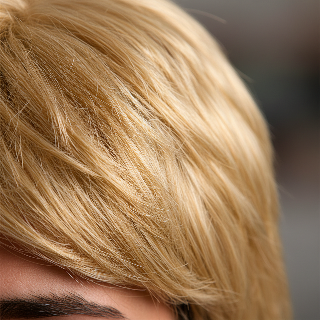 Extreme macro close-up of men's 1980s blonde mullet wig fibres showing warm honey blonde colour, texture and quality of premium synthetic hair strands
