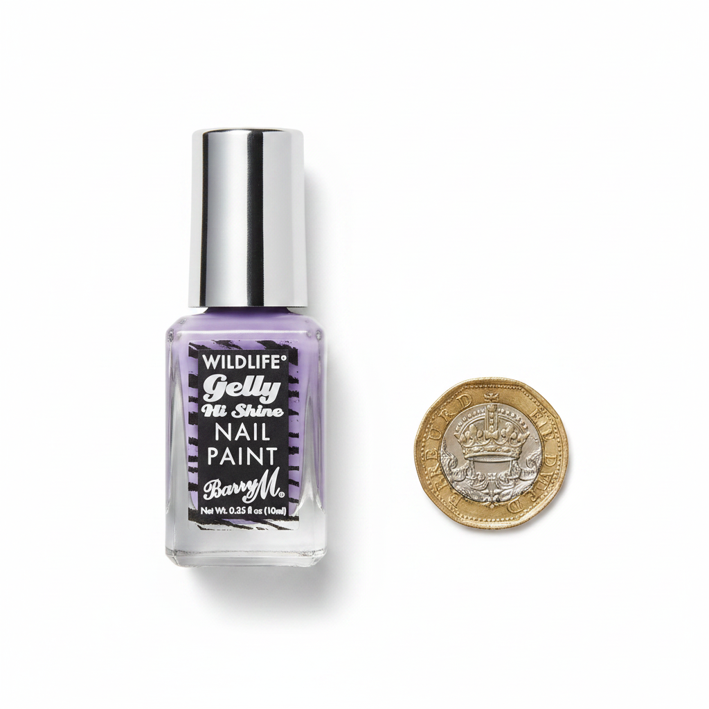Barry M Wildlife Gelly Hi Shine Nail Polish Native Purple 006 - size comparison beside UK £1 coin