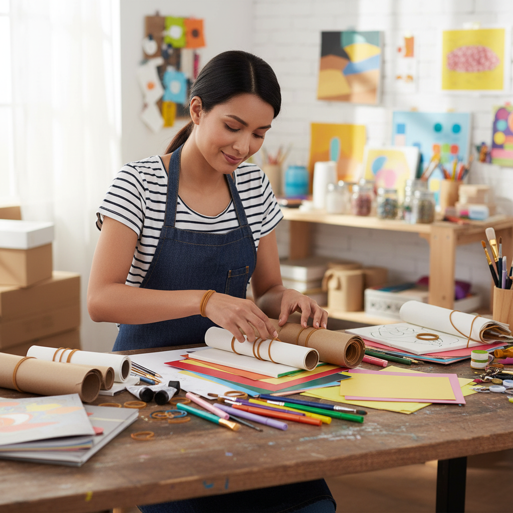 Creative woman organising art supplies with heavy duty elastic bands in a craft studio