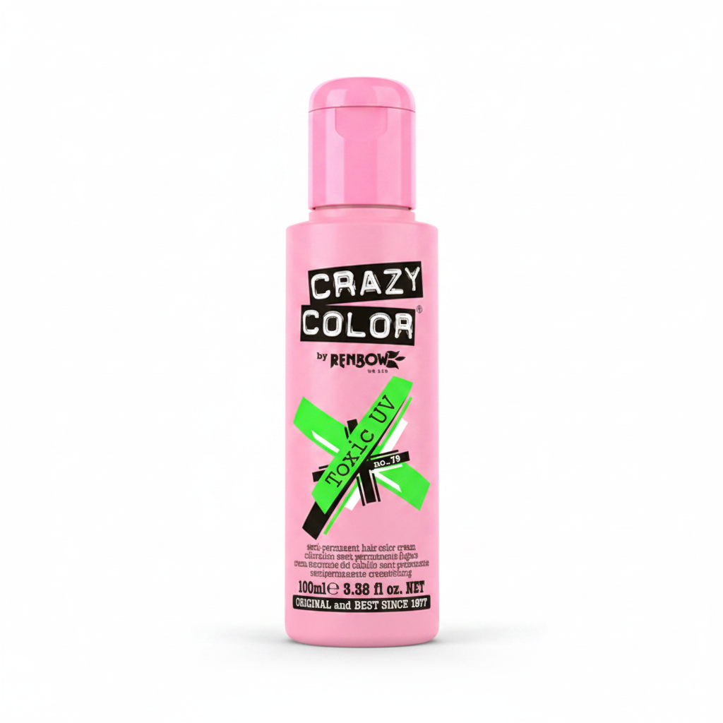 Crazy Color Toxic UV Green Semi-Permanent Hair Dye 100ml on a pure white studio background, coral pink bottle with neon green label