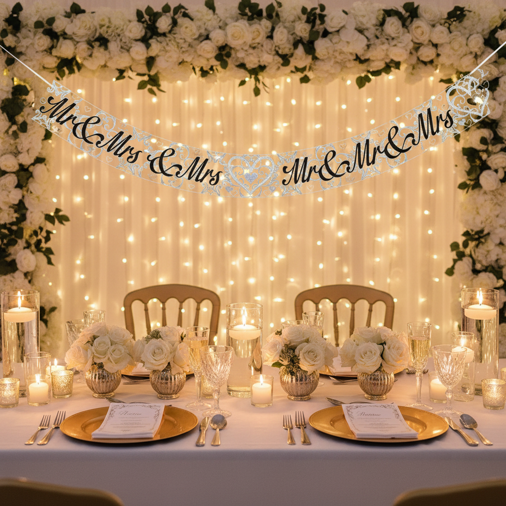 Elegant wedding sweetheart table with Mr & Mrs metallic banner, white roses, candles and champagne flutes