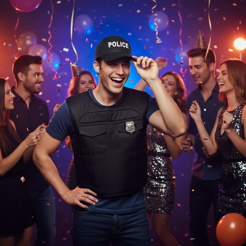 Person wearing black police cap at fancy dress party