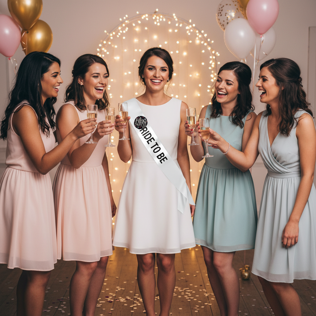Bride to be wearing Bride To Be badge with bridesmaids at hen party venue with balloons
