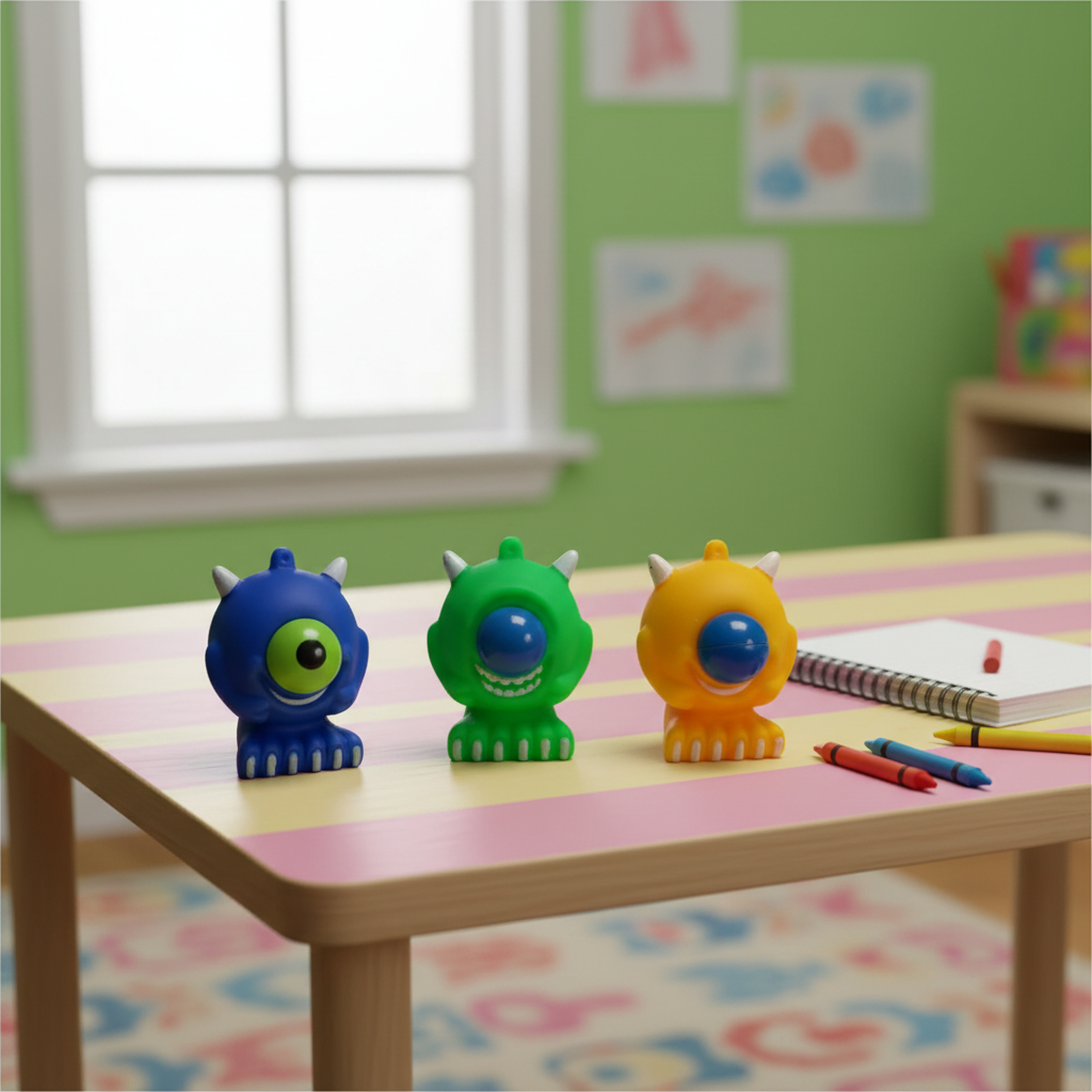 Google Eyed Squeeze Monster toys on a childs playroom desk with crayons natural window light