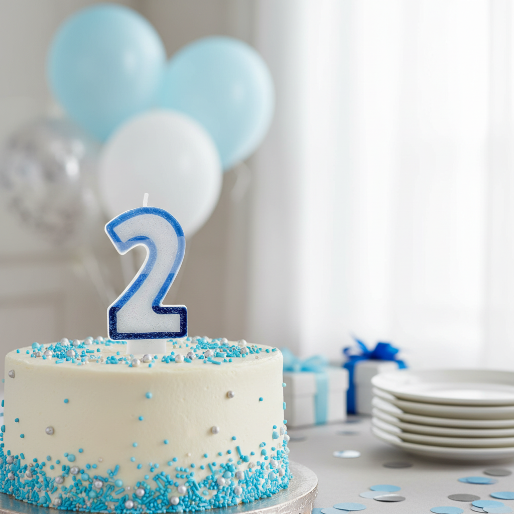Blue Number 2 Birthday Candle on decorated birthday party table with cake and balloons - Why Not Shop