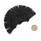 Black punk rocker mohawk wig beside £1 coin on white background for instant size reference