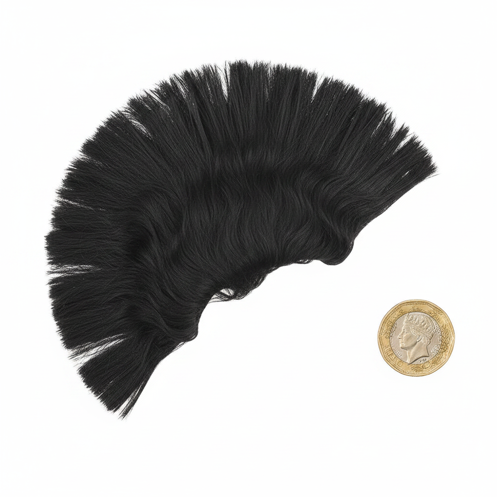 Black punk rocker mohawk wig beside £1 coin on white background for instant size reference