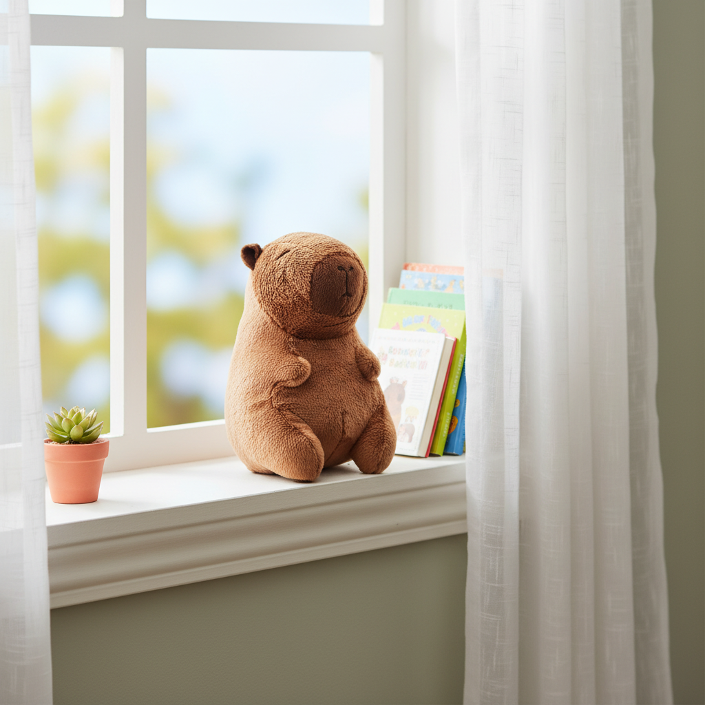 Cuddly Capybara plush toy sitting on a child's bedroom windowsill in natural window light, interior lifestyle scene