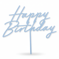 Misty powder blue acrylic Happy Birthday cursive script cake topper on a white seamless background, showing the full topper with spike and flat matte finish