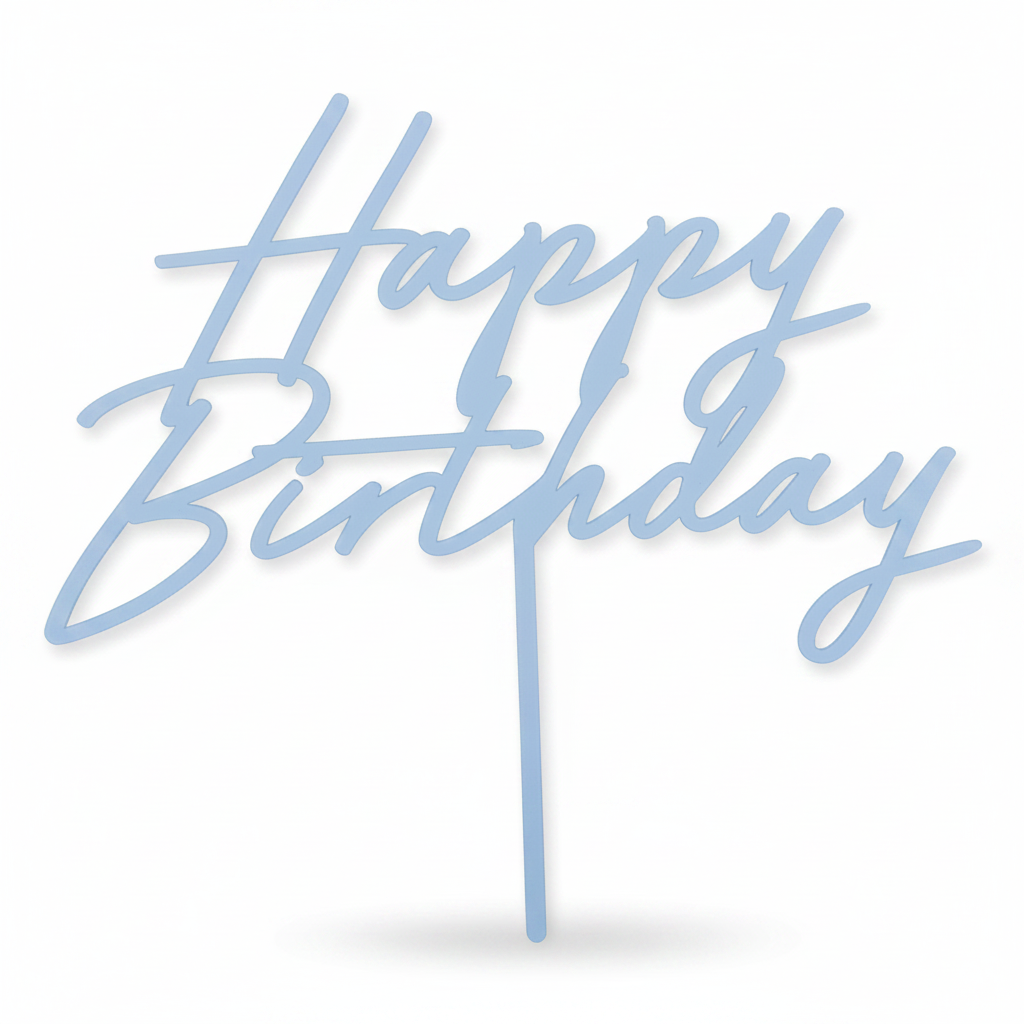 Misty powder blue acrylic Happy Birthday cursive script cake topper on a white seamless background, showing the full topper with spike and flat matte finish