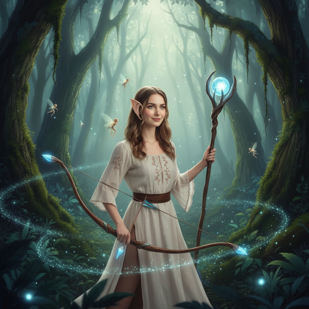 Fantasy cosplay with elf pixie ears in magical outdoor setting