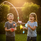 Two children mid water balloon fight in golden hour sunlight, water droplets frozen in the air, pure summer joy