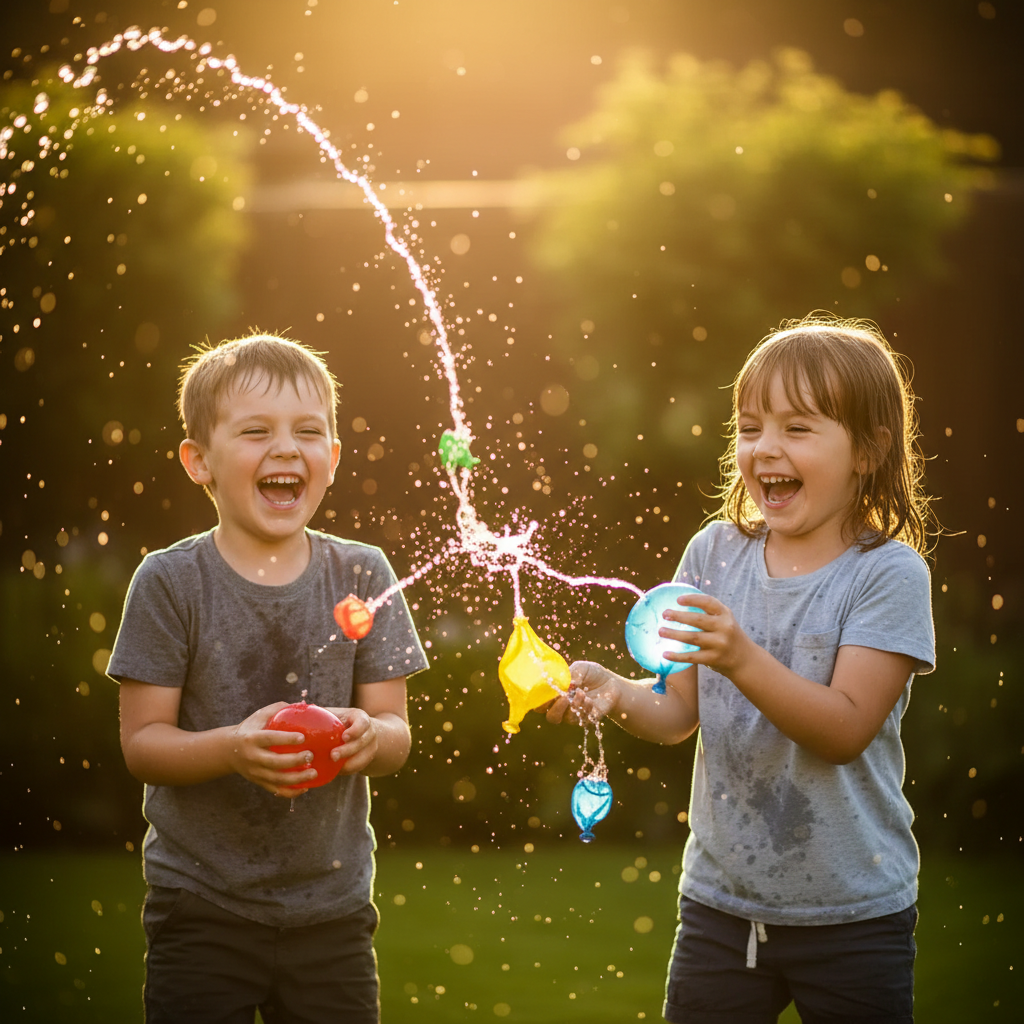 Two children mid water balloon fight in golden hour sunlight, water droplets frozen in the air, pure summer joy