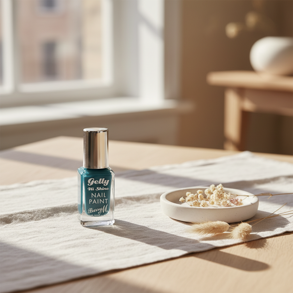 Barry M Gelly Hi Shine Nail Paint Ocean Blue bottle styled on white linen with dried flowers in natural window light