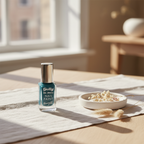 Barry M Gelly Hi Shine Nail Paint Ocean Blue bottle styled on white linen with dried flowers in natural window light