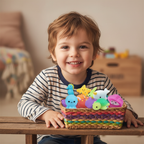 Child proudly displaying complete collection of 12 squishy sealife sea creature toys