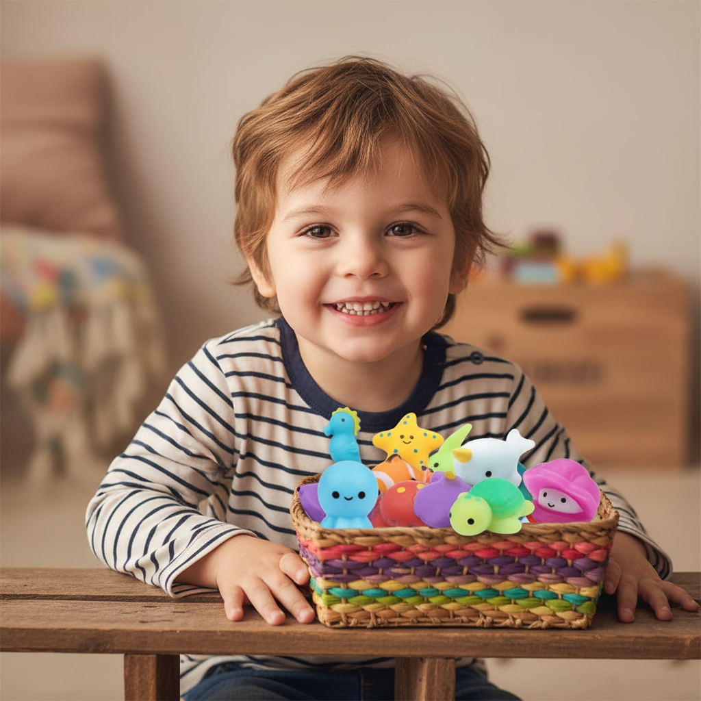 Child proudly displaying complete collection of 12 squishy sealife sea creature toys