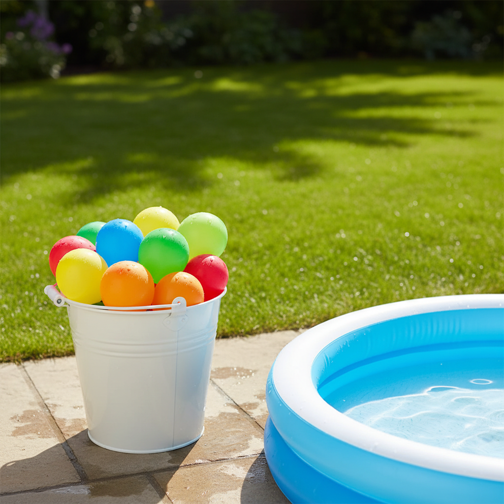 Bucket filled with 200 mixed colour water balloons on a sunny garden patio beside a paddling pool
