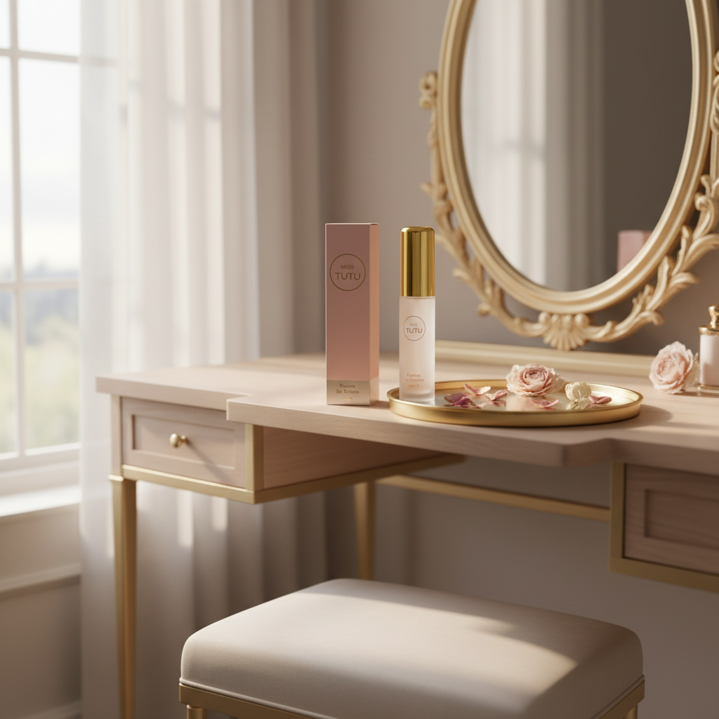 Milton Lloyd Miss Tutu perfume styled on an elegant vanity dressing table with natural window light and rose petals