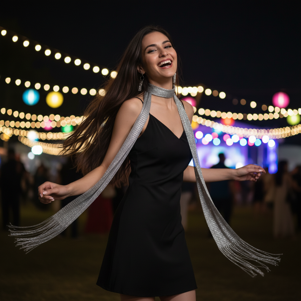 Stylish woman wearing metallic silver bohemian fringe scarf at a night festival with bokeh lights