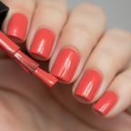 Barry M Gelly Hi Shine coral red nail polish being applied - macro beauty shot