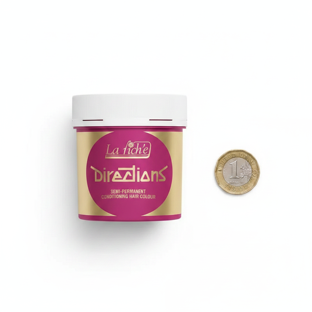 La Riche Directions Flamingo Pink Hair Dye 88ml tub beside a £1 coin showing product size and scale